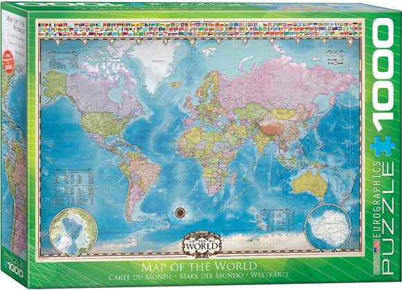 Eurographics 1000-piece jigsaw puzzle of the world featuring a detailed map that includes geographical boundaries, country names, and major bodies of water. The puzzle box showcases vibrant colors and a decorative border with flags from various countries, making it an educational and engaging activity for various age groups.