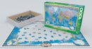 A colorful 1000-piece jigsaw puzzle titled 'Map of the World' by Eurographics. The image shows the assembled puzzle with various countries illustrated in vibrant colors, placed next to its partially filled box featuring scattered puzzle pieces. The puzzle emphasizes geographical details and boundaries.
