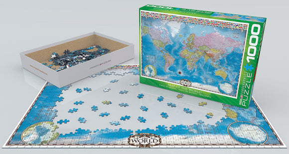 A colorful 1000-piece jigsaw puzzle titled 'Map of the World' by Eurographics. The image shows the assembled puzzle with various countries illustrated in vibrant colors, placed next to its partially filled box featuring scattered puzzle pieces. The puzzle emphasizes geographical details and boundaries.