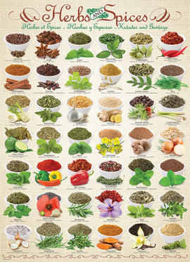 A vibrant jigsaw puzzle titled 'Herbs and Spices' by Eurographics, featuring an extensive collection of herbs and spices displayed in bowls, including basil, cumin, ginger, and saffron. The design showcases a variety of textures and colors, ideal for enhancing culinary knowledge and puzzle-solving skills.