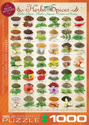 A colorful jigsaw puzzle titled 'Herbs and Spices' by Eurographics, featuring 1000 pieces. The image displays various herbs and spices in bowls, labeled with their names, including basil, turmeric, and cinnamon. A recipe is included. Perfect for puzzle enthusiasts and culinary lovers.