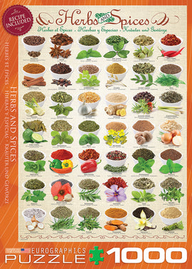 A colorful jigsaw puzzle titled 'Herbs and Spices' by Eurographics, featuring 1000 pieces. The image displays various herbs and spices in bowls, labeled with their names, including basil, turmeric, and cinnamon. A recipe is included. Perfect for puzzle enthusiasts and culinary lovers.