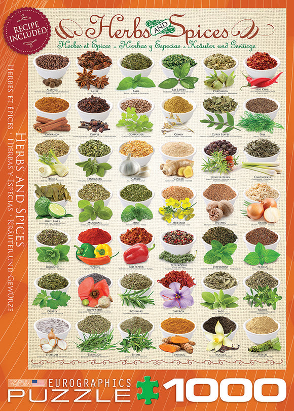A colorful jigsaw puzzle titled 'Herbs and Spices' by Eurographics, featuring 1000 pieces. The image displays various herbs and spices in bowls, labeled with their names, including basil, turmeric, and cinnamon. A recipe is included. Perfect for puzzle enthusiasts and culinary lovers.