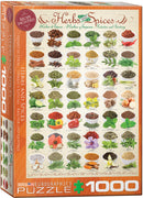 A colorful jigsaw puzzle titled 'Herbs and Spices' by Eurographics, featuring 1000 pieces. The box displays various herbs and spices arranged in bowls, including allspice, basil, garlic, and turmeric, each labeled with their names and accompanied by a recipe. The design is visually appealing and educational, perfect for cooking enthusiasts and puzzle lovers alike.