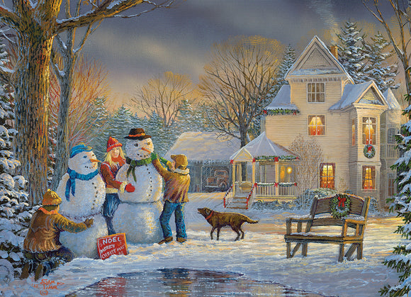 A winter scene depicting a family building snowmen in a snowy yard. Two snowmen are adorned with hats and scarves, while a child and an adult are adding finishing touches. A dog plays nearby, and a cozy house decorated for the holidays is seen in the background, surrounded by tall pine trees and a twilight sky.
