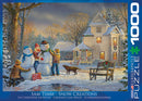 A 1000-piece jigsaw puzzle titled 'Snow Creations' by Eurographics, featuring a charming winter scene with children building snowmen, a cozy home adorned with Christmas decorations, and a serene snowy landscape. The artwork portrays a nostalgic holiday atmosphere, emphasizing cheerful winter activities amidst snow-covered trees and a tranquil setting.