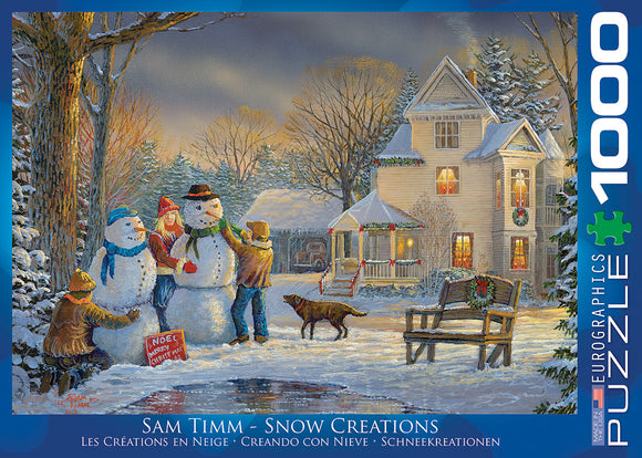 A 1000-piece jigsaw puzzle titled 'Snow Creations' by Eurographics, featuring a charming winter scene with children building snowmen, a cozy home adorned with Christmas decorations, and a serene snowy landscape. The artwork portrays a nostalgic holiday atmosphere, emphasizing cheerful winter activities amidst snow-covered trees and a tranquil setting.