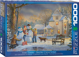 A beautifully illustrated jigsaw puzzle titled 'Snow Creations' by Eurographics, featuring a winter scene with two children building snowmen, surrounded by snow-covered trees and a cozy house decorated for the holidays. The vibrant colors and intricate details create a festive atmosphere perfect for family fun.