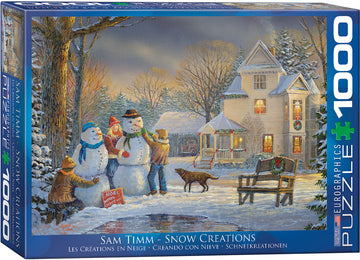A beautifully illustrated jigsaw puzzle titled 'Snow Creations' by Eurographics, featuring a winter scene with two children building snowmen, surrounded by snow-covered trees and a cozy house decorated for the holidays. The vibrant colors and intricate details create a festive atmosphere perfect for family fun.