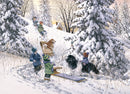 A jigsaw puzzle titled 'It's Your Turn' by Eurographics, featuring a scenic winter landscape. It depicts children playing in the snow, sledding with dogs, and enjoying a snowy day surrounded by snow-covered trees and a cozy house in the background. The illustration captures the essence of winter fun and family bonding.