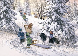 A jigsaw puzzle titled 'It's Your Turn' by Eurographics, featuring a scenic winter landscape. It depicts children playing in the snow, sledding with dogs, and enjoying a snowy day surrounded by snow-covered trees and a cozy house in the background. The illustration captures the essence of winter fun and family bonding.
