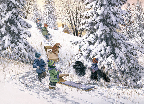 A jigsaw puzzle titled 'It's Your Turn' by Eurographics, featuring a scenic winter landscape. It depicts children playing in the snow, sledding with dogs, and enjoying a snowy day surrounded by snow-covered trees and a cozy house in the background. The illustration captures the essence of winter fun and family bonding.