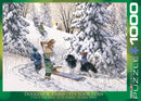 A 1000-piece jigsaw puzzle titled 'It's Your Turn' by Eurographics, depicting children playing in the snow with sleds and dogs. The artwork captures a winter scene with snowy trees and a cozy cabin in the background, evoking a sense of nostalgia and fun.