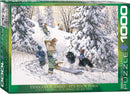 The puzzle titled 'It's Your Turn' by Eurographics depicts a serene winter scene where children are sledding down a snow-covered hill, accompanied by dogs. The landscape is dotted with snow-laden trees and a cozy cabin in the background. This 1000-piece jigsaw puzzle promises a joyful and nostalgic experience, perfect for family fun or solo challenges during cold evenings.