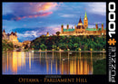 A 1000-piece jigsaw puzzle depicting the stunning Ottawa Parliament Hill at sunset, showcasing its iconic buildings reflected in the water. The vibrant sky transitions from blue to hues of orange and pink, enhancing the picturesque scene of this Canadian landmark.
