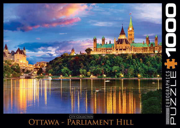 A 1000-piece jigsaw puzzle depicting the stunning Ottawa Parliament Hill at sunset, showcasing its iconic buildings reflected in the water. The vibrant sky transitions from blue to hues of orange and pink, enhancing the picturesque scene of this Canadian landmark.