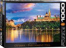A 1000-piece jigsaw puzzle by Eurographics featuring a stunning view of Ottawa's Parliament Hill at sunset. The scene shows the iconic buildings reflected in the serene water, surrounded by lush greenery and a colorful sky filled with clouds.