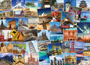 Eurographics 'World - Globetrotter' jigsaw puzzle featuring a vibrant collage of famous landmarks from around the globe, including the Eiffel Tower, the Great Wall of China, and the Taj Mahal, beautifully illustrated in rich colors, designed for travel enthusiasts and puzzle lovers.