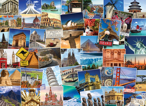 Eurographics 'World - Globetrotter' jigsaw puzzle featuring a vibrant collage of famous landmarks from around the globe, including the Eiffel Tower, the Great Wall of China, and the Taj Mahal, beautifully illustrated in rich colors, designed for travel enthusiasts and puzzle lovers.