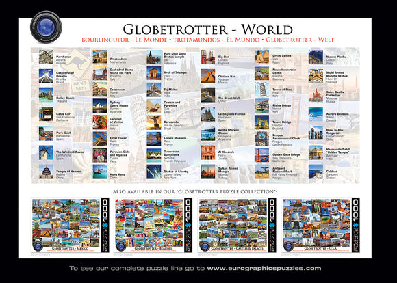 The Eurographics Globetrotter jigsaw puzzle features a vibrant montage of famous global landmarks including the Eiffel Tower in Paris, the Great Wall of China, and the Taj Mahal. The puzzle showcases destinations from various continents, providing an engaging challenge for enthusiasts and travelers alike. Each piece brings to life iconic sights, encouraging exploration and adventure through this thoughtful design.