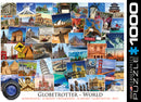 Eurographics 1000-piece jigsaw puzzle titled 'World - Globetrotter.' Features a vibrant collage of iconic landmarks from around the globe, including the Eiffel Tower, Great Wall of China, and Taj Mahal, showcasing cultural diversity and travel destinations.