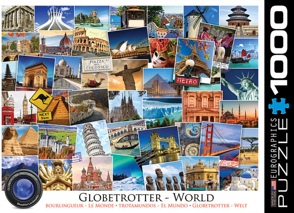 Eurographics 1000-piece jigsaw puzzle titled 'World - Globetrotter.' Features a vibrant collage of iconic landmarks from around the globe, including the Eiffel Tower, Great Wall of China, and Taj Mahal, showcasing cultural diversity and travel destinations.