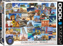 Eurographics Globetrotter World jigsaw puzzle featuring a vibrant collage of iconic landmarks from around the globe including the Eiffel Tower, Taj Mahal, and Great Wall of China. This 1000-piece puzzle invites travel enthusiasts to stitch together stunning imagery of global destinations.
