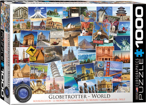 Eurographics Globetrotter World jigsaw puzzle featuring a vibrant collage of iconic landmarks from around the globe including the Eiffel Tower, Taj Mahal, and Great Wall of China. This 1000-piece puzzle invites travel enthusiasts to stitch together stunning imagery of global destinations.
