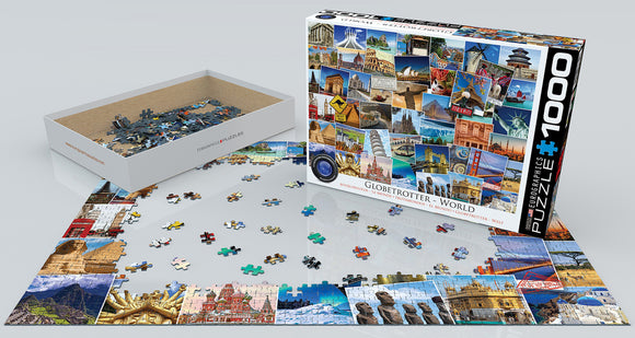 The Eurographics 'Globetrotter - World' jigsaw puzzle featuring vibrant images of famous landmarks from around the globe. The puzzle contains various pieces scattered on a reflective surface, with the box displayed to the right showcasing the completed design.