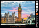 A colorful jigsaw puzzle featuring London's iconic Big Ben and the Houses of Parliament at sunset. The puzzle showcases intricate details of the historical architecture and vibrant sky colors, ideal for puzzle enthusiasts and London lovers.
