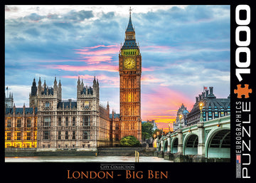 A colorful jigsaw puzzle featuring London's iconic Big Ben and the Houses of Parliament at sunset. The puzzle showcases intricate details of the historical architecture and vibrant sky colors, ideal for puzzle enthusiasts and London lovers.