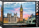 Eurographics jigsaw puzzle featuring a stunning image of London's iconic Big Ben and the Houses of Parliament, set against a colorful sunset sky. The puzzle has 1000 pieces, designed to provide an engaging challenge for puzzle enthusiasts, capturing the architectural beauty of one of the world's most recognized landmarks.