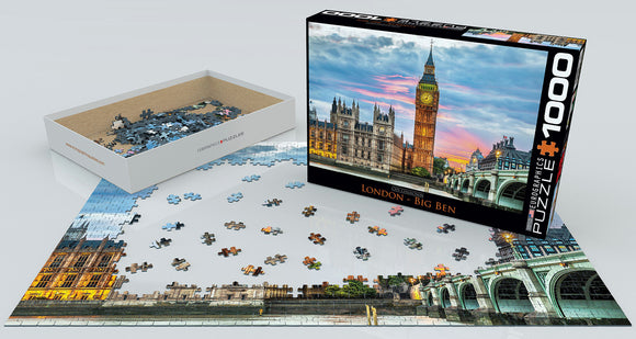 A 1000-piece jigsaw puzzle featuring Big Ben in London, designed by Eurographics. The image shows the open box with puzzle pieces scattered on a partially assembled puzzle depicting the iconic clock tower and surrounding architecture against a colorful sky.