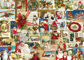 A vibrant collection of vintage Christmas cards arranged in a collage. The design features classic holiday imagery, including Santa Claus, Christmas trees, snowmen, and festive decorations, surrounded by colorful borders and greetings. Perfect for jigsaw puzzle enthusiasts looking for a nostalgic experience.