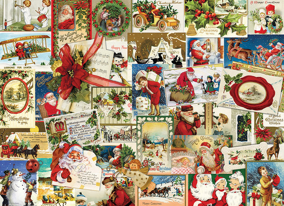 A vibrant collection of vintage Christmas cards arranged in a collage. The design features classic holiday imagery, including Santa Claus, Christmas trees, snowmen, and festive decorations, surrounded by colorful borders and greetings. Perfect for jigsaw puzzle enthusiasts looking for a nostalgic experience.