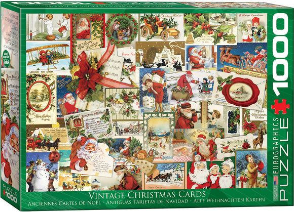 Eurographics Vintage Christmas Cards Jigsaw Puzzle featuring a colorful collage of vintage Christmas card designs, including Santa Claus, festive scenes, and holiday wishes. Ideal for holiday enthusiasts and puzzle lovers, this 1000-piece puzzle offers a nostalgic view of Christmas imagery.