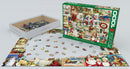 A colorful jigsaw puzzle featuring vintage Christmas cards. The puzzle box displays a collage of nostalgic holiday scenes, including Santa Claus and festive decorations. Pieces are scattered around with some interlocked, showing vibrant illustrations of classic Christmas imagery.
