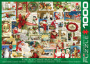 A 1000-piece jigsaw puzzle featuring a collage of vintage Christmas cards, showcasing nostalgic holiday imagery, including Santa Claus, festive decorations, Christmas trees, and joyful children. The design highlights cheerful messages and beautiful artwork from different eras, framed by a green border with the Eurographics logo.