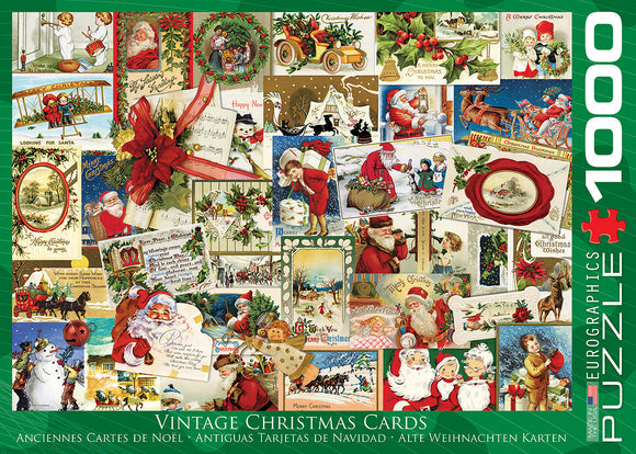 A 1000-piece jigsaw puzzle featuring a collage of vintage Christmas cards, showcasing nostalgic holiday imagery, including Santa Claus, festive decorations, Christmas trees, and joyful children. The design highlights cheerful messages and beautiful artwork from different eras, framed by a green border with the Eurographics logo.