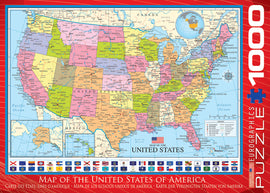 Eurographics jigsaw puzzle featuring a detailed map of the United States of America. This colorful map includes state borders, major cities, and geographical landmarks. Perfect for geography enthusiasts and puzzle lovers alike, this 1000-piece puzzle offers an engaging challenge for family or friends.