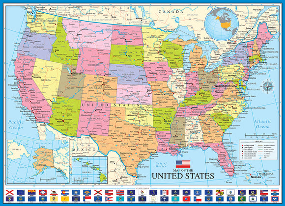 A colorful jigsaw puzzle of the United States map by Eurographics, featuring detailed state boundaries, major cities, and geographical landmarks. The puzzle presents a clear overview of the U.S., including Hawaii and Alaska, complemented by state flags at the bottom. Perfect for educational purposes and family fun.
