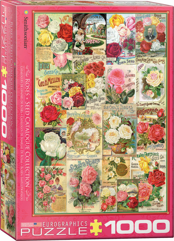Eurographics Roses Seed Catalogue Collection jigsaw puzzle featuring a vibrant and colorful assortment of vintage seed advertisements and beautiful rose images. The 1000-piece puzzle showcases intricate details of various rose types and historical catalog designs, appealing to puzzle enthusiasts and flower lovers alike.