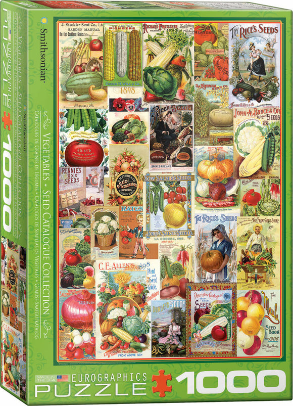Eurographics 1000-piece jigsaw puzzle featuring a vibrant collage of vintage vegetable seed catalog covers. The design showcases a variety of colorful vegetables and seed packaging from historic catalogs, reflecting the rich heritage of gardening and botany. Ideal for puzzle enthusiasts and those who appreciate vintage art.