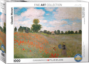 The Poppy Field jigsaw puzzle by Claude Monet, featuring a vibrant landscape of red poppies under a blue sky with fluffy clouds, and two figures in the foreground. The puzzle is part of the Fine Art collection by Eurographics, displayed in an attractive box showcasing the artwork.