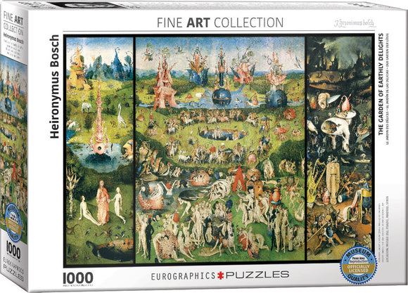 A beautifully designed box for a 1000-piece jigsaw puzzle featuring Heironymus Bosch's iconic artwork 'The Garden of Earthly Delights'. The illustration shows three panels of the triptych with vivid colors and intricate details depicting various figures, creatures, and surreal landscapes. The box highlights the Eurographics brand and includes a seal of museum quality.