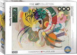 Eurographics jigsaw puzzle titled 'Dominant Curve' featuring the abstract and vibrant artwork of Wassily Kandinsky. The puzzle contains 1000 pieces and is part of the Fine Art Collection, showcasing colorful geometric shapes and dynamic lines inspired by Kandinsky's style. The box design includes a distinguished logo indicating museum-quality reproduction.