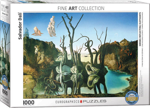 Packaging for the 1000-piece jigsaw puzzle titled 'Swans Reflecting Elephants' by Eurographics, featuring Salvador Dalí's surreal artwork with swans, elephants, and a dreamlike landscape.