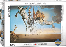 A box cover for the 1000-piece jigsaw puzzle titled 'The Temptation of St. Anthony' by Salvador Dalí. The artwork features surreal elements including tall, slender horse-like figures, a bizarre landscape, and dreamlike architecture. The jigsaw puzzle is produced by Eurographics and is part of the Fine Art Collection, highlighting its artistic value.