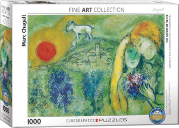 The Lovers of Vence by Marc Chagall jigsaw puzzle box from Eurographics. The artwork features a romantic couple surrounded by vibrant colors, a bright red sun, and lush greenery. This 1000-piece jigsaw puzzle captures the essence of Chagall's unique artistic style, making it perfect for art lovers and puzzle enthusiasts alike.