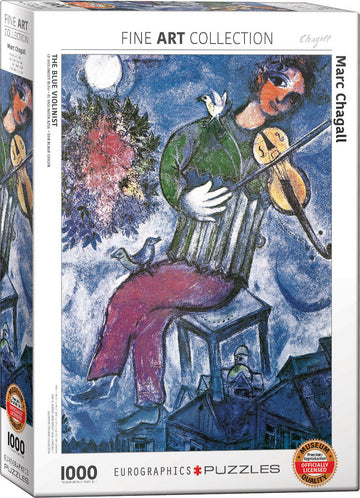 The Blue Violinist jigsaw puzzle box featuring the artwork by Marc Chagall. The image displays a vivid portrayal of a musician with bright blue and red colors, surrounded by trees and a moon in the sky. The puzzle is part of Eurographics' Fine Art collection and includes 1000 pieces.